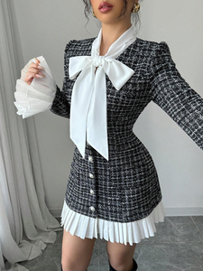 Vestido Mini <span class=keywords><strong>de</strong></span> Mujer con Estampado Sólido, Cuello Peter Pan, Corte Ajustado, Pliegues Delanteros, Logotipo, Tejido Transpirable para Otoño - Product Image 3