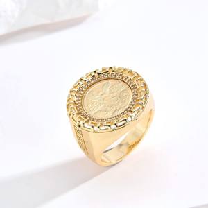 Elfic 도매 14K 골드 필드 지르콘 멕시코 50페소 참 스퀘어 코인 구리 남녀공용 밴드 반지 - Product Image 1