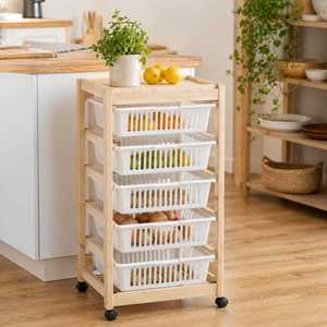 5 Tier Fruit And <b>Vegetable</b> Trolley Natural Wood With Swivel Wheels Removable Baskets 45x30x85 Cm - Product Image 6
