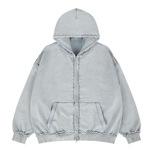 Sweat à capuche zippé personnalisé style vintage punk avec rivets, coutures inversées, couleur unie, en molleton tricoté 400g – Fabricant - Product Image 1