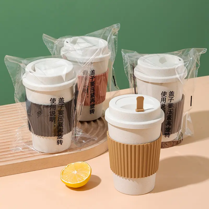 Buğday samanı BPA kapaklı taşınabilir plastik kahve kupası spor su kupası süt çay soğuk içecek gıda sınıfı seyahat tipi kupa