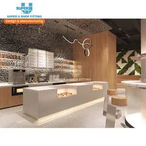 Luxury 3D Coffee Shop Designs Popular Wood Cafe Furniture Custom Bar Store Display Service Furniture for Coffee Shop