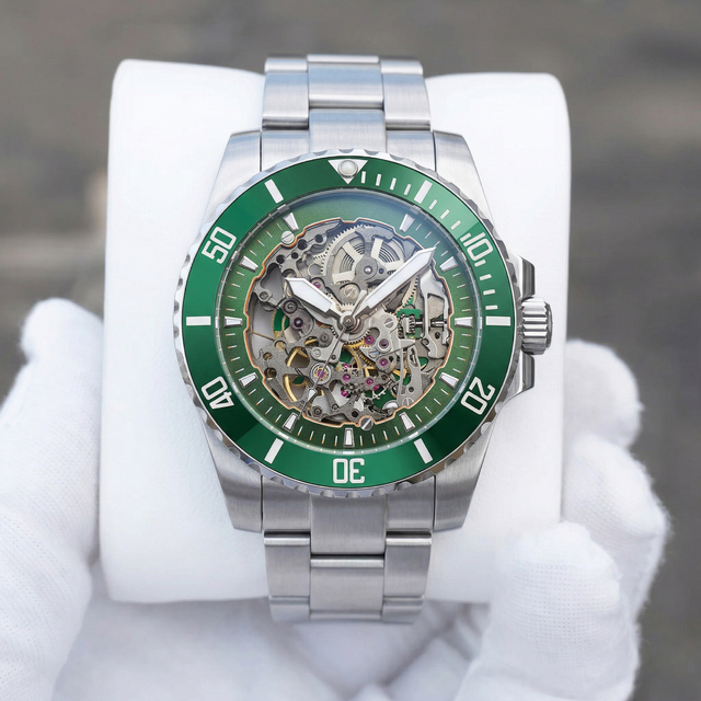 Automatic Mechanical Watch 20ATM Waterproof Skeleton 8215 Movement 316L Stainless Steel Green Bezel Diver Custom Logo