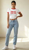 Camiseta Corta Personalizada Estilo Y2K 'GOOD GIRL GONE BAD' |   Cuello redondo, mangas regulares, corte ajustado, estampado liso, poliéster serigrafiado