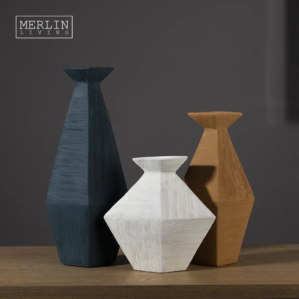 Merlin seramik wabi-sabi minimalist vazo geometrik dörtlü çekme dize eski ev dekor vazo ile çiçek