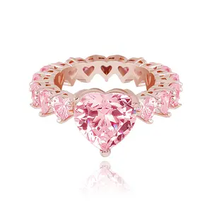 Zircon Pink Heart Ring Gold-Plated Copper Engagement Hip Hop Fashion Diamond Cut Set for Women Party Butterfly Pattern Gift