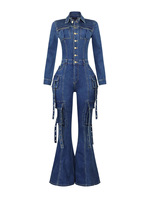 BR4872 Combinaison en jean slim à jambes évasées multi-poches, mode femme