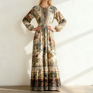 OEM Usine Personnalisée Printemps Été <span class=keywords><strong>Robe</strong></span> à Imprimé <span class=keywords><strong>Bohème</strong></span> Femmes Style Ethnique <span class=keywords><strong>Robe</strong></span> à Couture à Manches Longues Ample - Product Image 5
