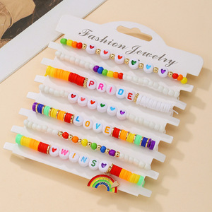 Colorful Rice Bead Heart <b>Bracelet</b> Set Rainbow Alloy Pendant Simple <b>Beaded</b> Jewelry for Women - Product Image 1