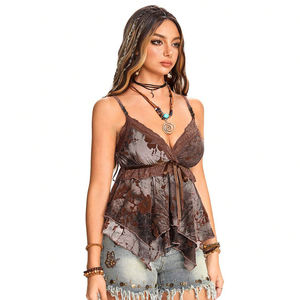 Top en dentelle vintage à patchwork pour femmes, ourlet irrégulier, coupe ajustée, col en V, nœud devant, imprimé rétro sexy, débardeur - Product Image 3