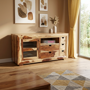 Modern Style Sheesham Wooden <b>Tv</b> <b>Stands</b> <b>Tv</b> Cabinet <b>Tv</b> Unit with 5 Drawers 1 Door & Shelf Handcrafted For Living Room Hotel - Product Image 1