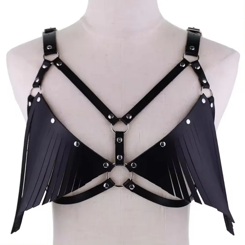 Vrouwen Sexy Borstharnas Met Kwastjes Body Strap Bh Kooi Lederen Punk Fetish Wear Bondage Verstelbare Bm Bh Harnas