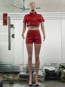 Modisches Zweiteiliges Set Aus PU-Leder – Bodycon Clubwear Für Damen – Kurze Ärmel Crop Top Outfits – Zweiteiliges Kurzes Set Für Damen - Product Image 6