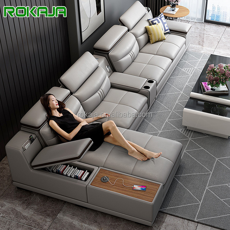 Современный Кожаный умный диван, многофункциональная мебель с аудиозарядным устройством, диван, 7-местный секционный диван L-образной формы с USB