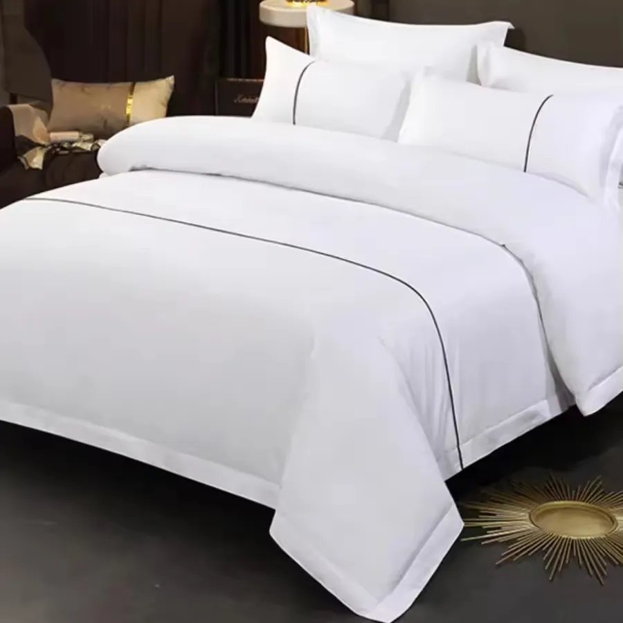 Polos putih percale garis identifikasi grosir tamu Hotel Set sarung Duvet katun dengan sarung bantal seprai tempat tidur