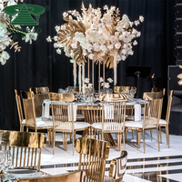 Mesa de Comedor Redonda con Pedestal Cónico, Tapa de Vidrio Templado con Acabado Espejo en Acero Inoxidable Dorado para Eventos de Boda