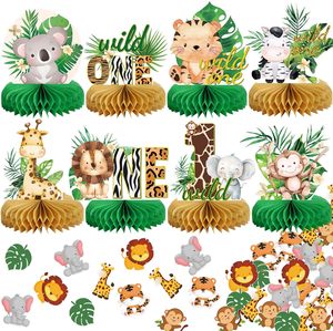 HAWIN 8 pièces Décoration de fête d'<span class=keywords><strong>anniversaire</strong></span> sur le thème de la jungle, décoration de fête de bébé, centre de table en papier nid d'abeille, animaux de la jungle - Product Image 1