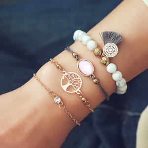 Parures de bijoux fantaisie pour femmes, bracelet en alliage de zinc, zircon, perles, design arbre de vie, ensemble de 4 pièces - Product Image 1