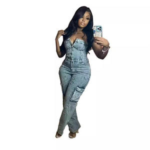 Combinaisons en jean pour femmes, style ou logo personnalisé, ODM, sans bretelles, broderie, déchirées, jambes larges, playsuit, une pièce, rompers - Product Image 4