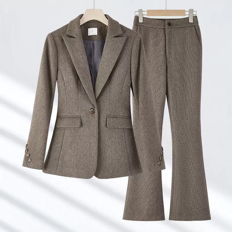 Brown suit with slightly flared trousers