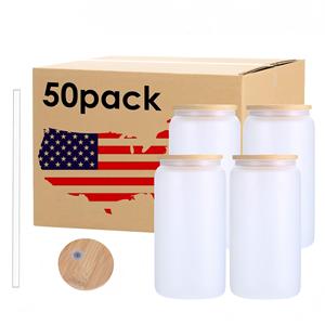 USA Warehouse Stocked RTS 16oz Sublimation Glass Can Clear Frosted Sublimation Blank <strong>Mason</strong> Soda Beer Cups White Bamboo Lids - Product Image 1