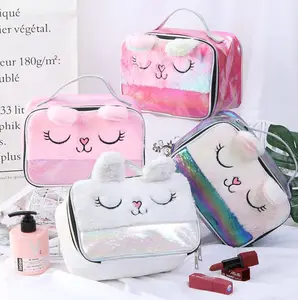 De moda de bordado de La felpa personalizado holográfico cosmético bolsa kawaii bolso, maquillaje claro bolsa lentejuelas bolso cosmético