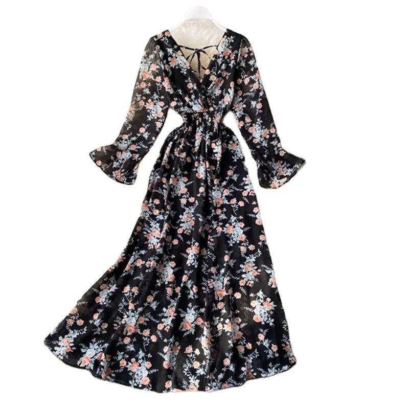 Женское платье макси с длинным рукавом, глубоким V-образным вырезом и цветочным принтом, 21-0300-1