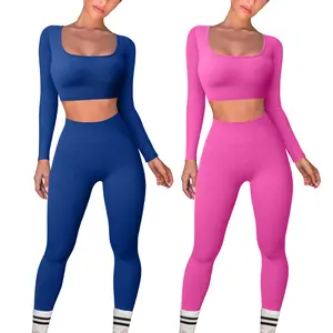 Venta al por mayor de ropa deportiva de cuello en forma cuadrada para las mujeres Sexy Gym Crop Top Yoga Sets