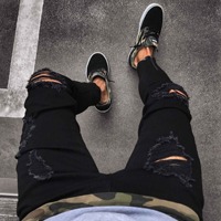 Nouveaux hommes noir Denim genou déchiré fermeture éclair pantalon mode tendance Stretch Skinny Jeans décontracté épée nuage Leggings