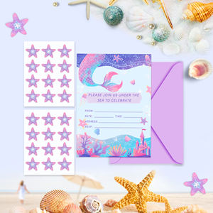 Huancai sirène fête Invitations 12 pièces cartes de voeux avec enveloppes sceau autocollants violet pour enfants fête d'<span class=keywords><strong>anniversaire</strong></span> fournitures - Product Image 5