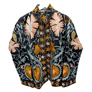 Red Floral Hand Embroidery Eco-Friendly Breathable Quick Dry Jacket Mandarin Collar Quilted <b>Coat</b> 100% Cotrise <b>Women's</b> Jacket - Product Image 1