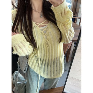 Maglione da <span class=keywords><strong>donna</strong></span> lavorato a <span class=keywords><strong>maglia</strong></span> <span class=keywords><strong>gialla</strong></span> con camicetta protezione solare tinta unita con Top Casual allentato per la lunga lunghezza della primavera estate - Product Image 1