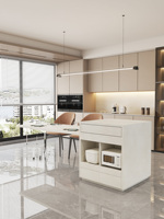 Îlot de cuisine luxueux en bois avec motif marbré, îlot de cuisine moderne en pierre frittée avec table à manger extensible