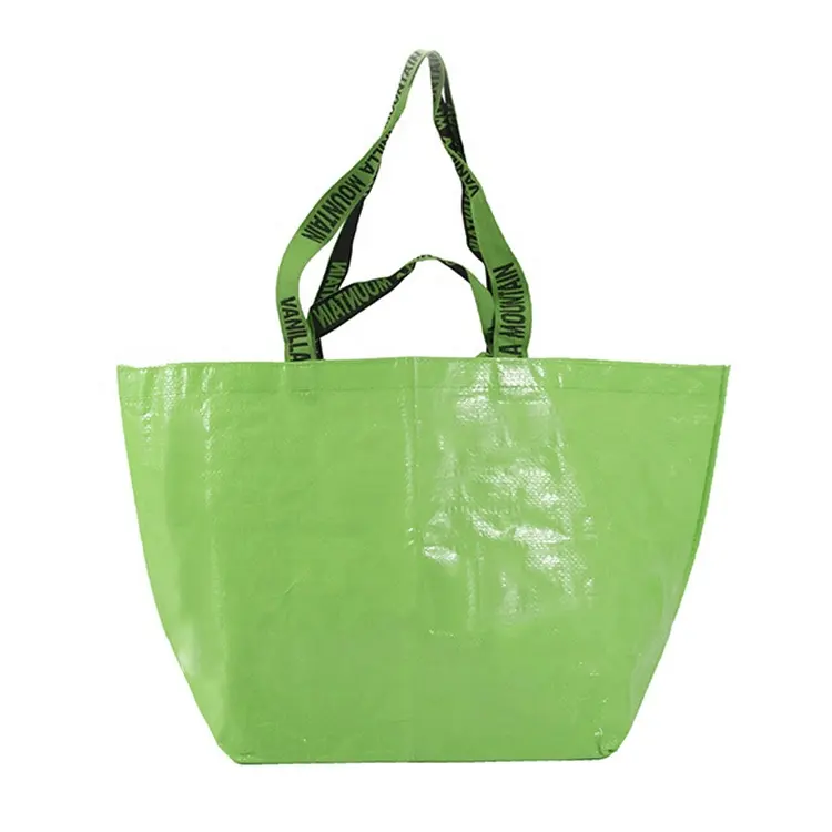 Китайский производитель, изготовленный на заказ, многоразовая печатная продуктовая зеленая сумка для покупок, переработанная полиэтиленовая плетеная Сумка, ламинированная с напечатанным логотипом