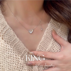 เครื่องประดับคิงซิลเวอร์ เอส 925 เซ็ตสร้อยคอและสร้อยข้อมือเงินแท้รูปหัวใจประดับคริสตัลไรน์สโตนสำหรับผู้หญิงสวมใส่ได้ทุกวัน - Product Image 4