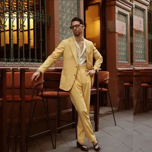 时尚黄色男士套装缺口翻领单排扣优雅运动夹克正式派对2件套夹克裤子修身