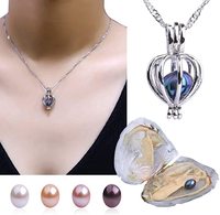 Collier pendentif cage à perles DIY en forme de rose, en acier inoxydable, avec perle d'eau douce couleur océan, coffret cadeau pour fêtes et Noël