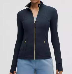 Jaket Yoga ritsleting emas wanita, jaket olahraga Fitness Gym bernapas cepat kering ritsleting emas spandeks kerah berdiri pas badan - Product Image 3