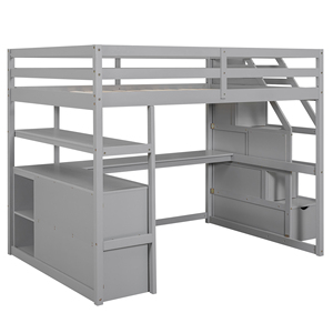 Lit mezzanine moderne gris pleine taille avec bureau, rangement, escalier, cadre <span class=keywords><strong>en</strong></span> pin massif, <span class=keywords><strong>2</strong></span> tiroirs et barrières de sécurité pour enfants et adultes - Product Image 6