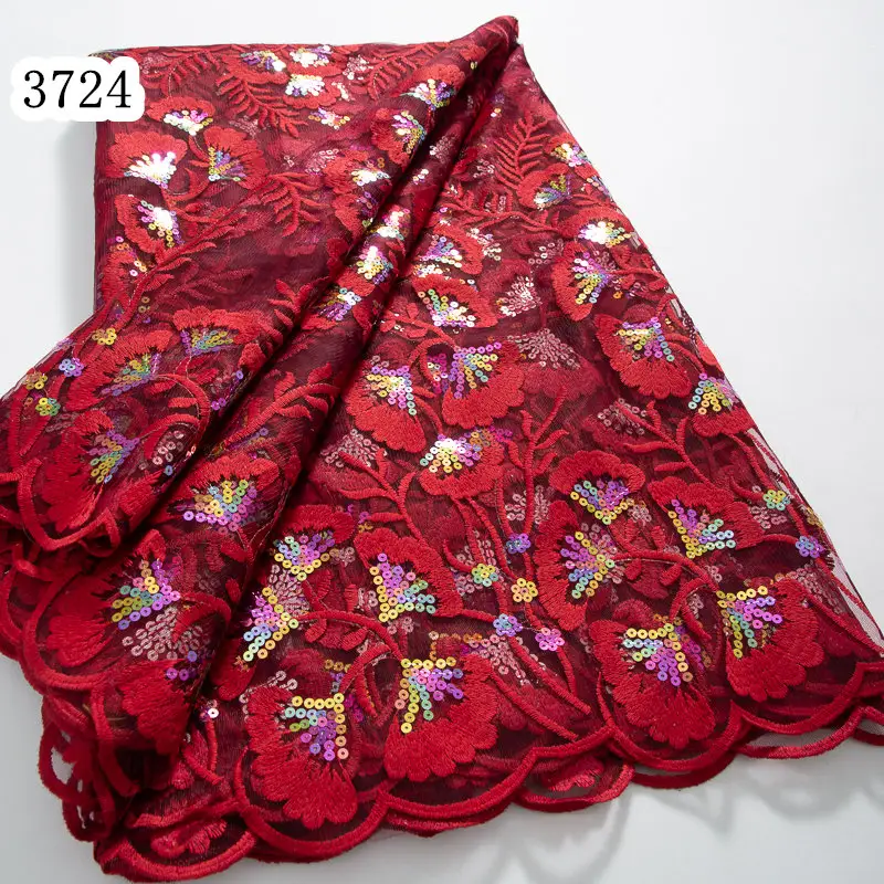 3724 tela de encaje de tul francés rojo 2024 tela de encaje de lentejuelas de malla africana de alta calidad vestido de novia Nigeriano para costura de mujer