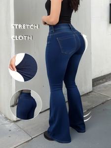 Jean en denim simple taille haute coupe trompette pour femme élégante, coupe évasée pleine longueur, couleur unie avec poches, style automne - Product Image 3