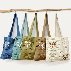2024 Fashion Summer New Cute Beach Bags Boho Mesh Knitted Crochet Hand Embroidery Shoulder Tote Bags For Women