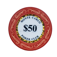 Chip Poker Keramik Monte Carlo 10G dengan Cetak Sublimasi Kustom dan Stiker Berkilau Emas