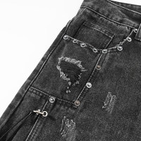 Jean en denim déchiré pour homme, style vintage Y2K streetwear, délavé, vieilli, avec rivets, taille mi-haute