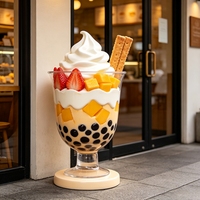 Sculpture géante en fibre de verre F038 en forme de tasse de thé au lait Boba, décoration de devanture de magasin de thé au lait, statue légère personnalisée pour boissons avec garnitures de fruits