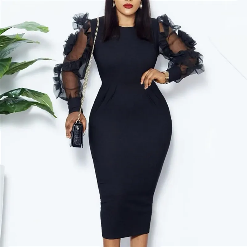 Elegant Black Transparent Mesh Long Sleeve Female African office formal OL Dress 21JA129