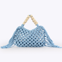Sac fourre-tout quotidien en coton crocheté style chic coréen couleur bonbon pour femme, sac à main tissé pour la plage et les voyages avec poignée en perles de bois et pompons