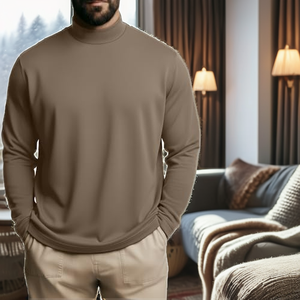 T-shirt thermique à manches longues pour homme, 100% coton jersey, col roulé, uni, 220g, décontracté, séchage rapide, écologique, hiver - Product Image 2