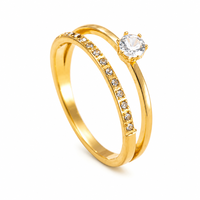 Bague D&P Jewelry en acier inoxydable plaqué or 18 carats, double couche, zircon cubique, étanche, pour femme, à bande fendue, empilable
