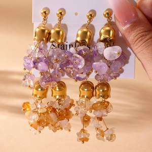 Pendientes Minimalistas de Piedra Natural Irregular, Pendientes de Amatista y Citrino, Pendientes Largos de Acero Inoxidable con Borla para Mujer - Product Image 2